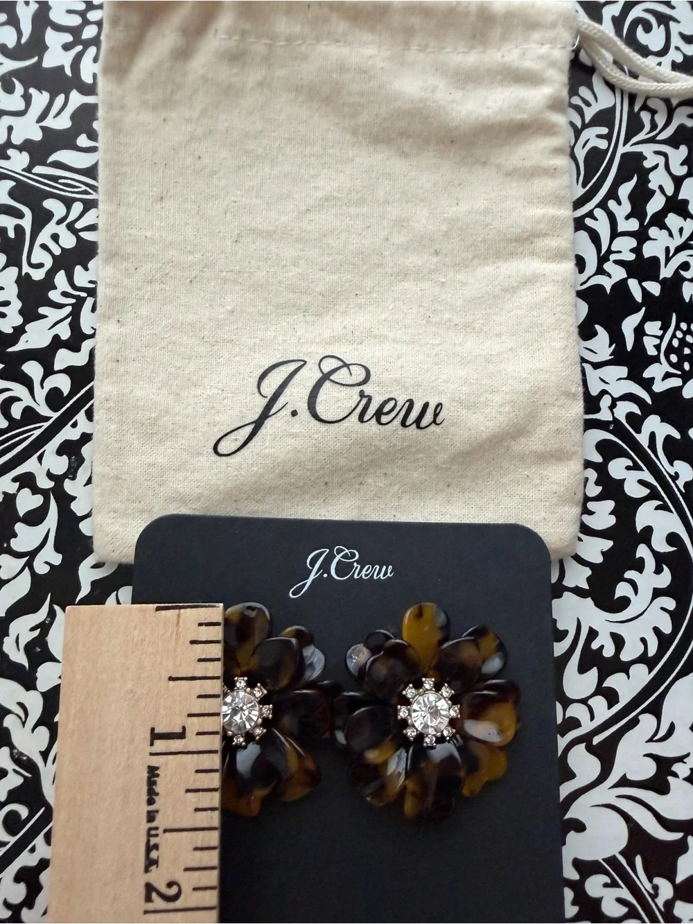 J.Crew Tortoiseshell Resin Full Bloom Flower Earrings with Crystal Center NWT